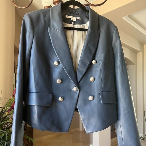 VERONICA BEARD COOKE DICKEY MARINE BLUE FAUX LEATHERETTE JACKET BLAZER sz 16 - Picture 9 of 10